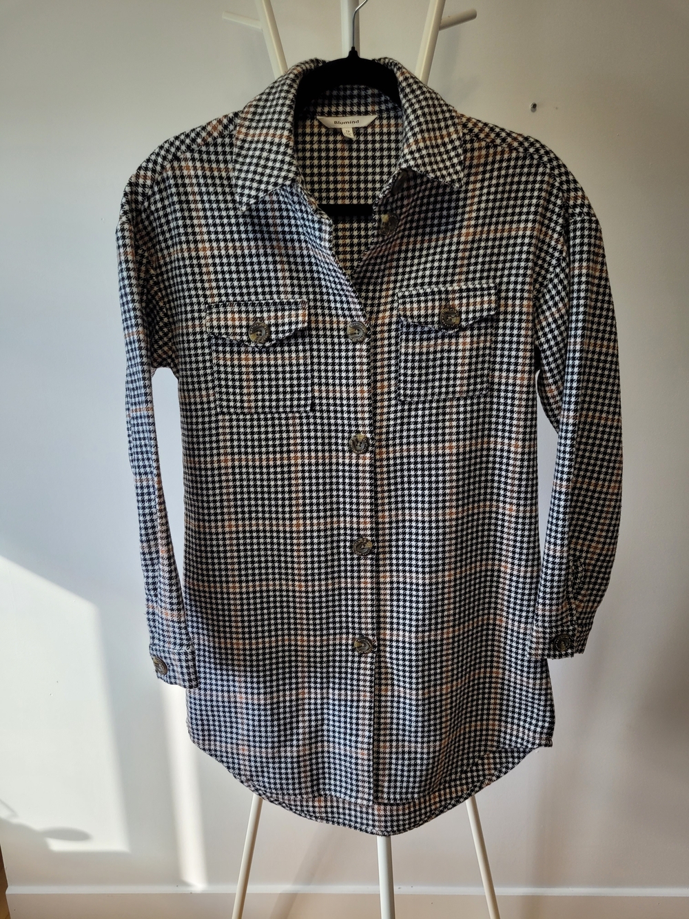🍂 Blumind Houndstooth Plaid Shacket Shirt Jacket - Size XS Oversized - 3% Wool